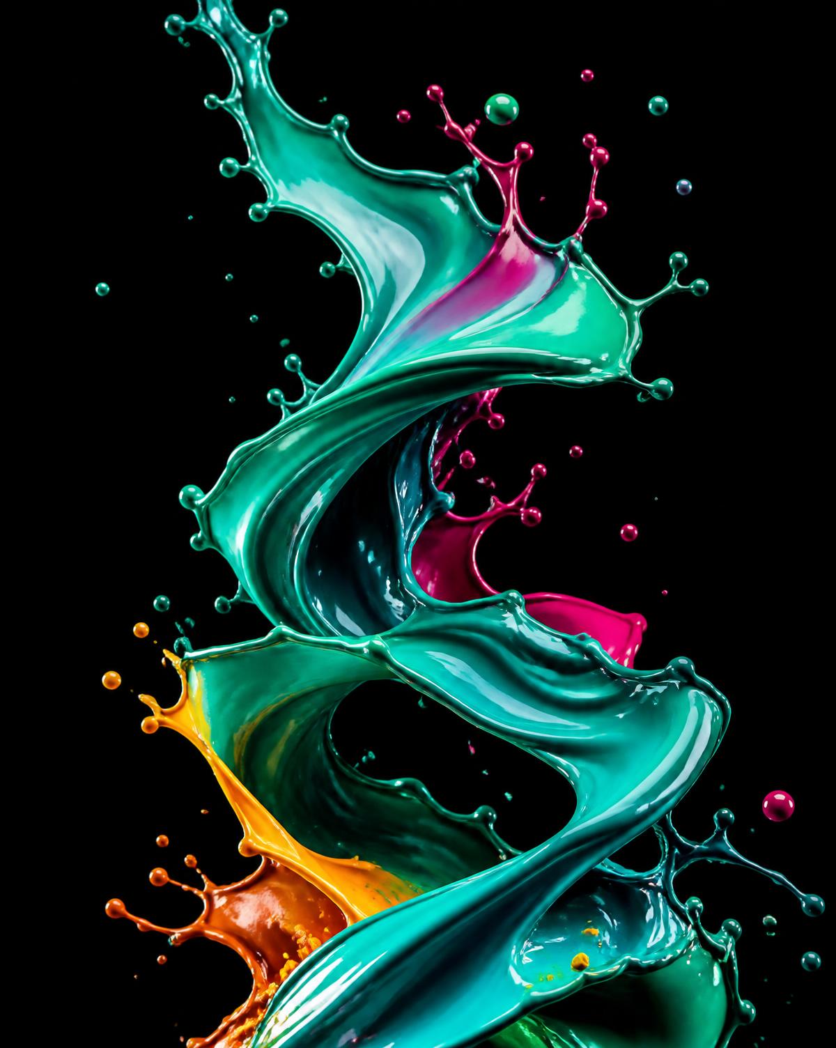 Swirling ribbons of emerald green and teal paint